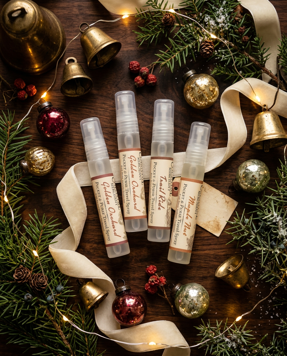 Layflat featuring four Pocket & Purse Fragrance Sprays arranged together on dark wood with cream vel.png