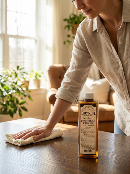 Person cleaning a wooden surface with a bottle of Cornish Pure Wood Polish in a home setting.