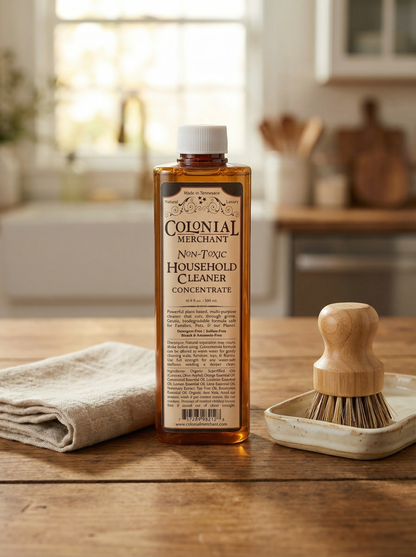 Bottle of Colonial Merchant Household Cleaner on a wooden table with cleaning tools.