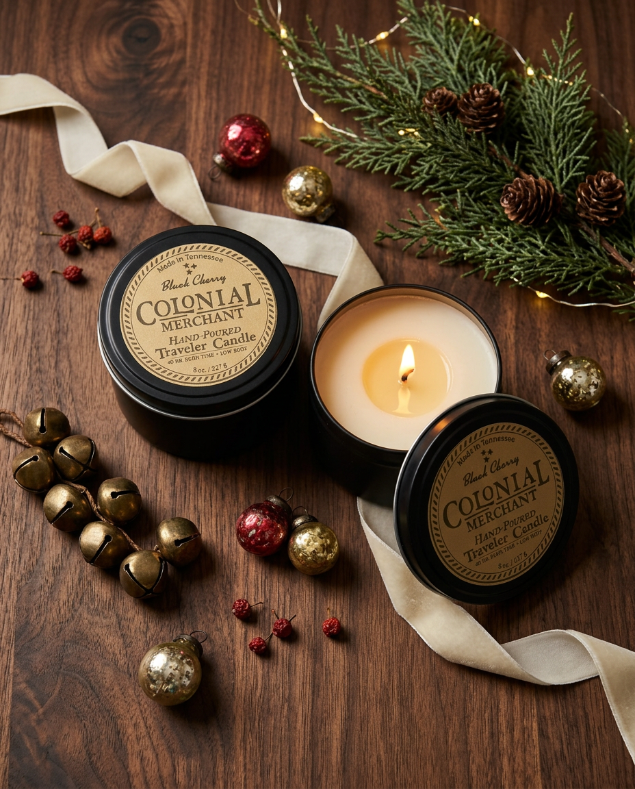 Layflat featuring two 8 oz Premium Candles. One candle has the tin lid removed and laying to the sid (2).png